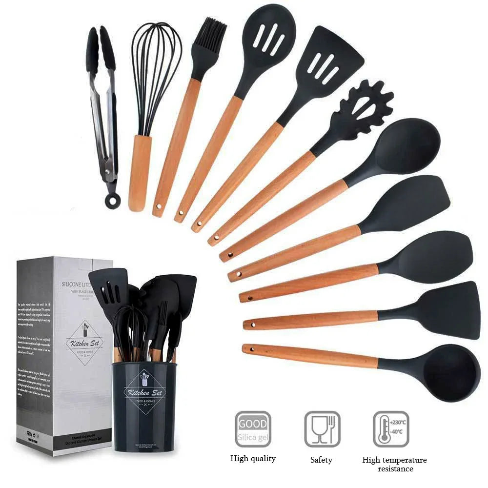 12PCS Mint Green Silicone Kitchen Utensils Set with Wooden Handle, Non-Stick Cooking Tools & Utensil Holder Organizer