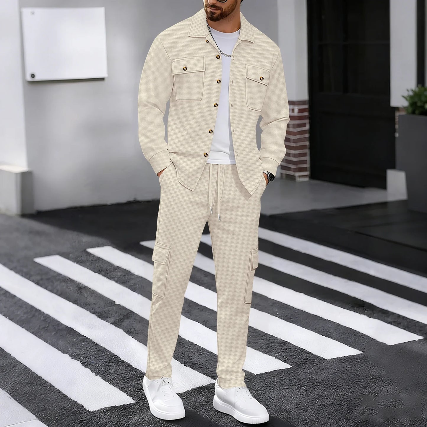 New men's four season outdoor trend casual waffle solid color workwear button pocket lapel jacket workwear pants two-piece set