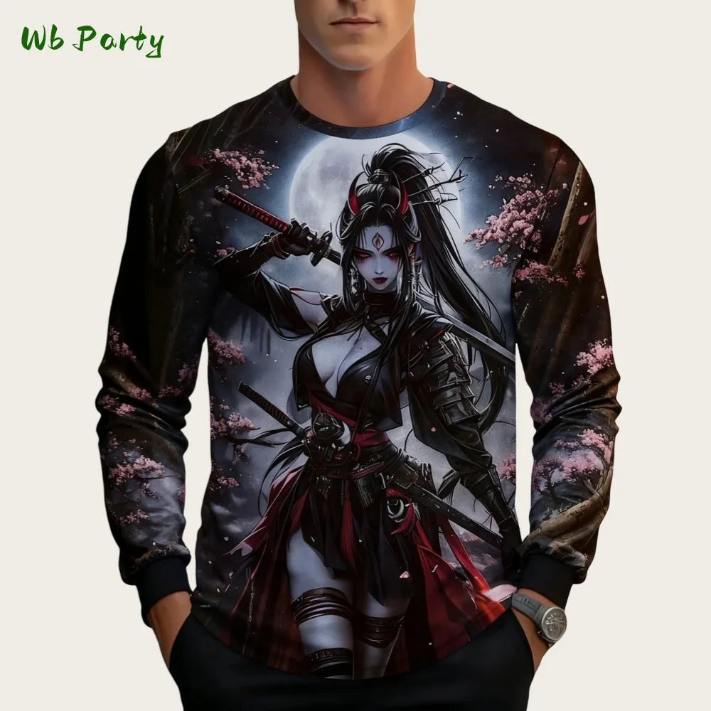 Japanese Long Sleeve Mens 3D Samurai Cartoon Pattern T-Shirt O-Neck Long Short Sleeve Breathable Style Streetwear Men's Clothing