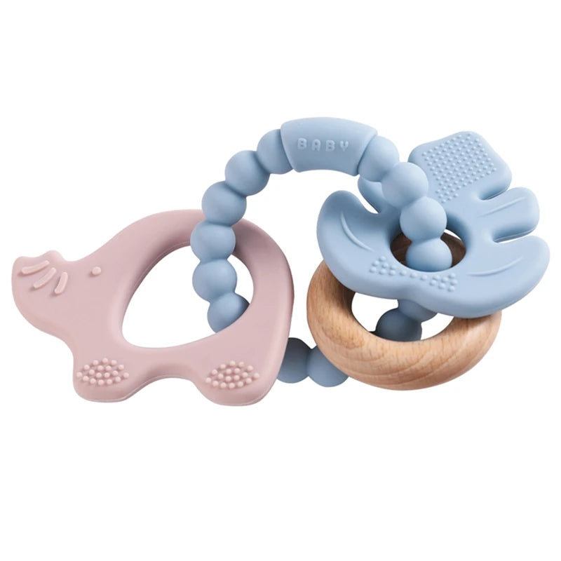 1PC Silicone Teether Baby Animal Shape Wooden Teether Ring Kid Gift BPA Free Silicone Children Goods Kid Teething Toy