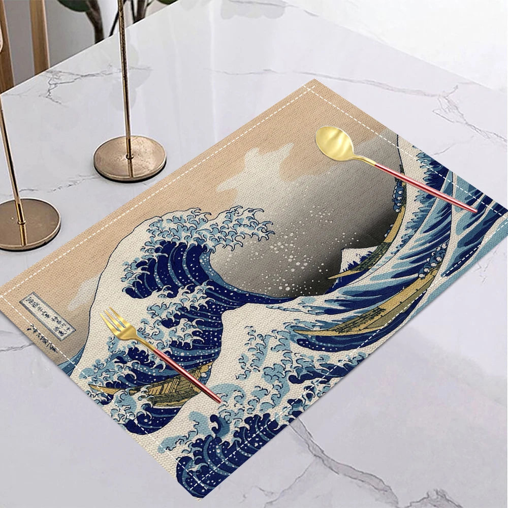 Japanese Ukiyo-e Style Linen Placemat Non Slip Table Mats Rectangular Non Slip Dining Table for Kitchen Home Decor Essentials