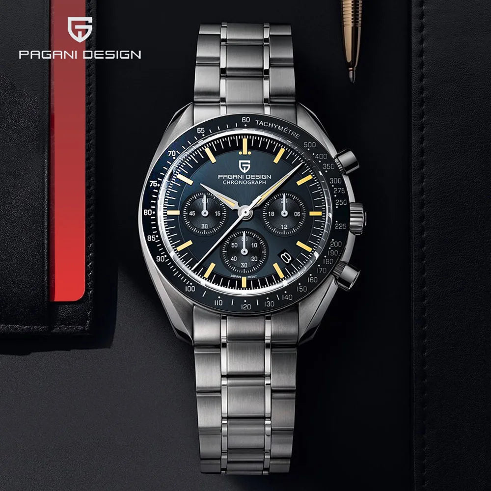 PAGANI DESIGN 2026 New Moon Men's Watches Luxury Quartz Watch For Men VK63 Chronograph AR Sapphire Mirror Ceramic Bezel Luminous