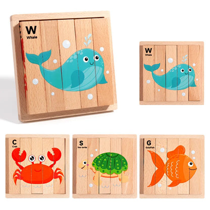 Wooden Stereoscopic Strip Animal Transport Building Blocks, Traffic Dinosaur Puzzle Enlightenment Toy, 4-sided Pattern Puzzle