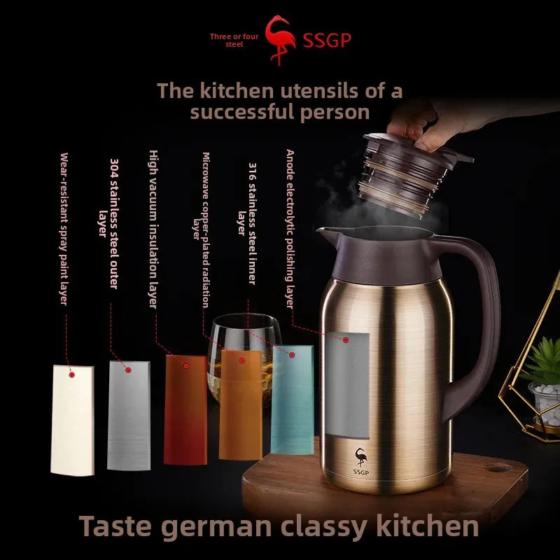 German Three Four Steel 316 Stainless Steel Insulated Tea Pot Home Use Steaming Tea Pot Insulated Water Pot Hot Water Bottle