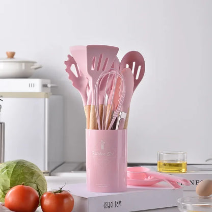 12Pcs Silicone Utensils Set Non-Stick Cookware Spatula Shovel Egg Beaters Wooden Handle Kitchenware Home Kitchen Cooking Tools