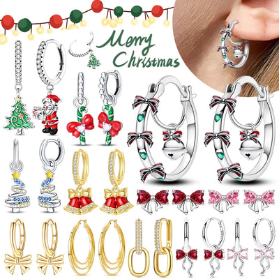 Elegant Christmas Bow Bell Ring Earrings Set 925 Sterling Silver Women's Festive Party Jewelry Gift Cute Bell Design