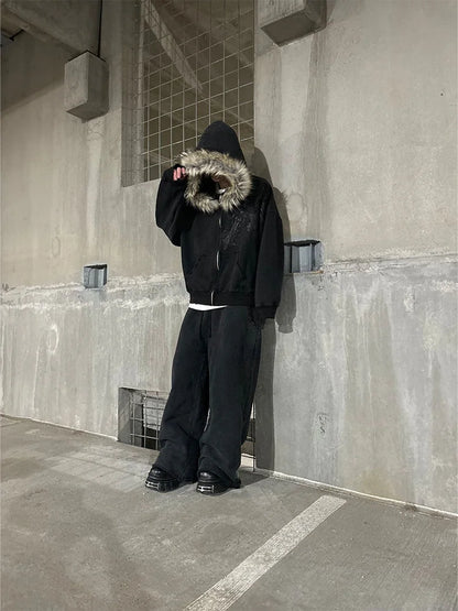 Autumn/Winter Y2k Women Aesthetic Harajuku Faux Fur Collar Hoodies Clothes Graphic Hip Hop Punk Gothic Zip Up Hoodies 2025 new