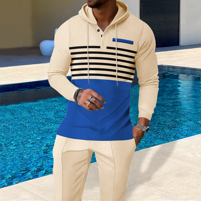 New Men's Waffle Casual Set Outdoor Four Seasons Versatile Trendy Stripe Color blocked Hoodie, Casual Pants Two Piece Set