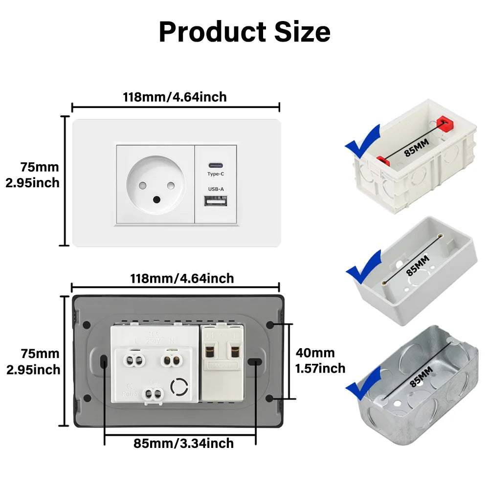 Israel USB Type C Charging Wall Socket 118mm*72mm White & Black Flame Retardant PC Panel Power Socket for Home Office Kitchen