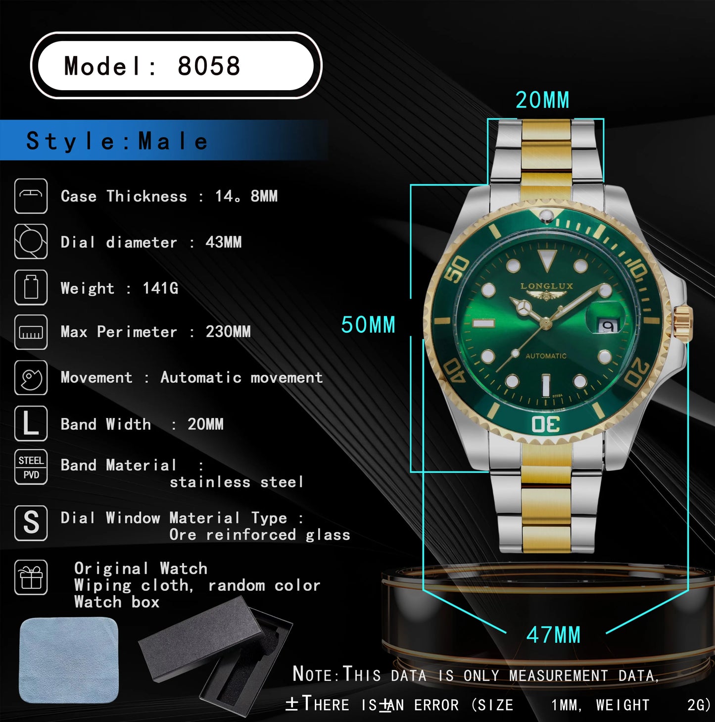 Men automatic watch business waterproof mechanical watches luxury stainless steel day date mens watch man gift