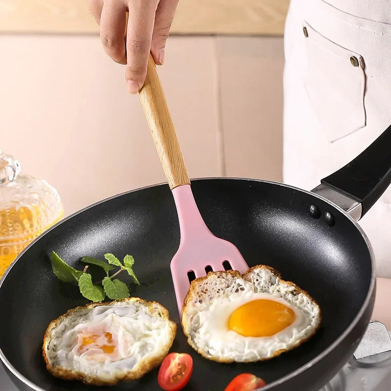 12PCS Silicone Kitchen Utensils Set Non Stick Cooking Tools Wooden Handle Spatula Turner Egg Whisk Baking BBQ Heat Resistant