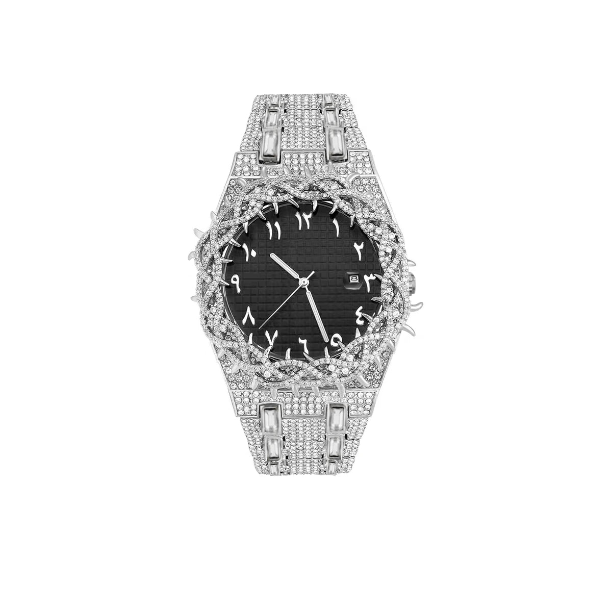PINTIME Cool Black Watch For Men Luxury Thorn Crown Quartz Watches Fashion Hip Hop Iced Diamond Wristwatch Man Dropshipping