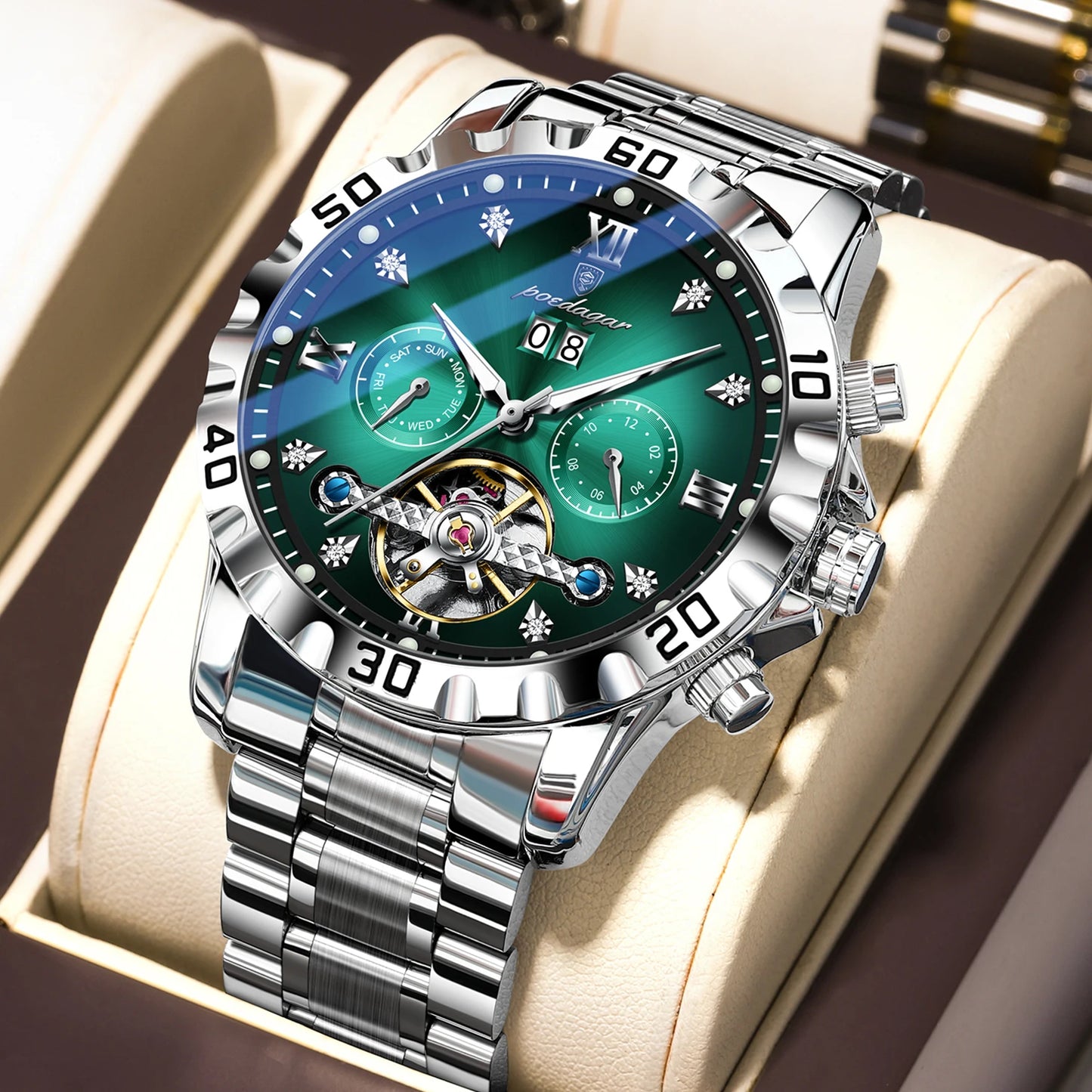 POEDAGAR Fashion Luxury Men Watch Automatic Date Week Man Wristwatch Hollow Tourbillon Mechanical Stainless Steel Men's Watches