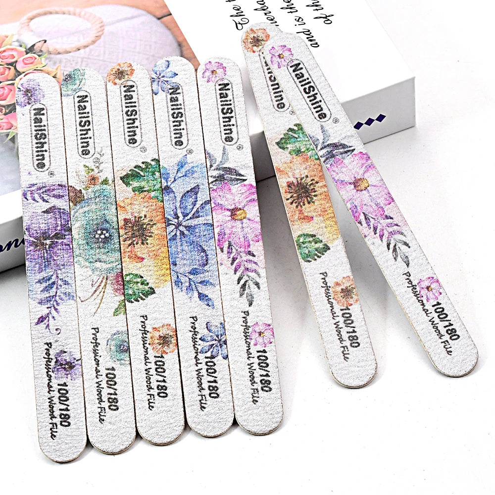 10pcs Set Wood Nail Buffer Reusable 100/180 Grit Smooth Straight Nail Files Floral Design Beautiful Nail Care Equipment