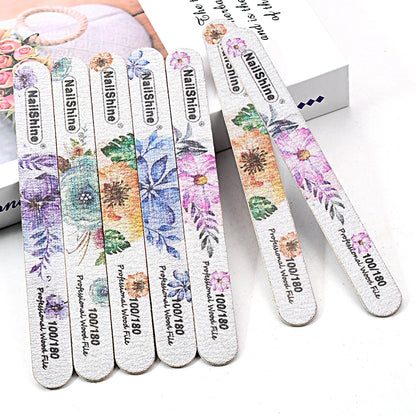 10pcs Set Wood Nail Buffer Reusable 100/180 Grit Smooth Straight Nail Files Floral Design Beautiful Nail Care Equipment