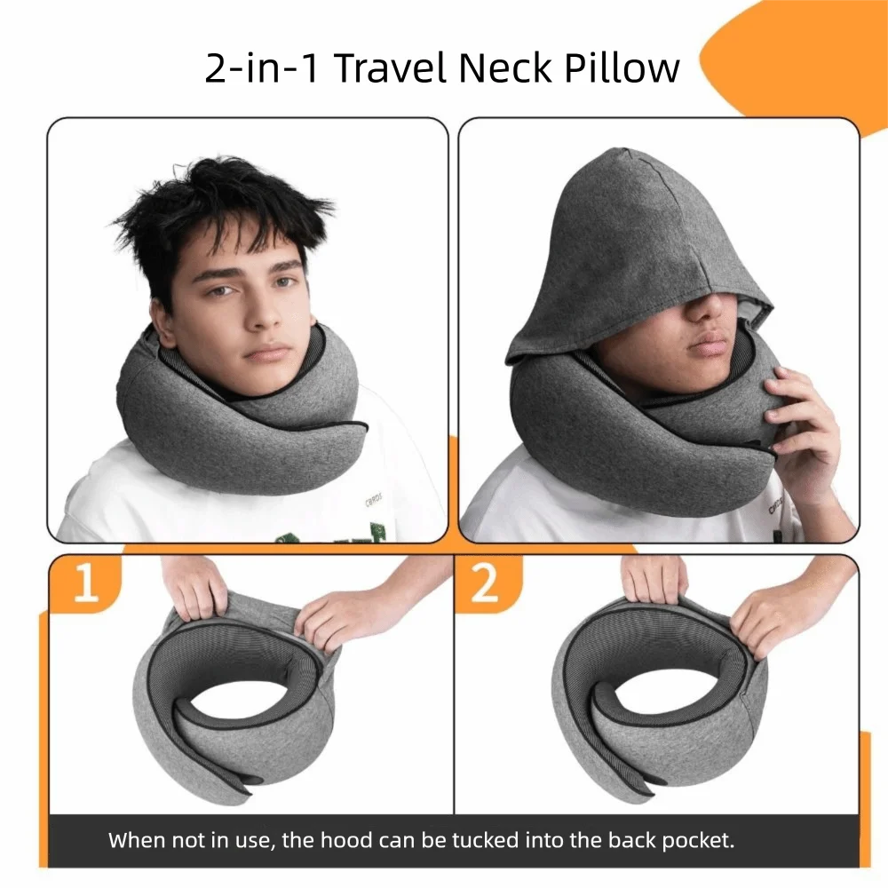 Portable Detachable Cover Travel Neck Pillow U-Shaped Hooded Feature Travel Bag Pillow Memory Foam Headrest Airplane Travel