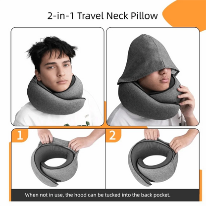 Portable Detachable Cover Travel Neck Pillow U-Shaped Hooded Feature Travel Bag Pillow Memory Foam Headrest Airplane Travel