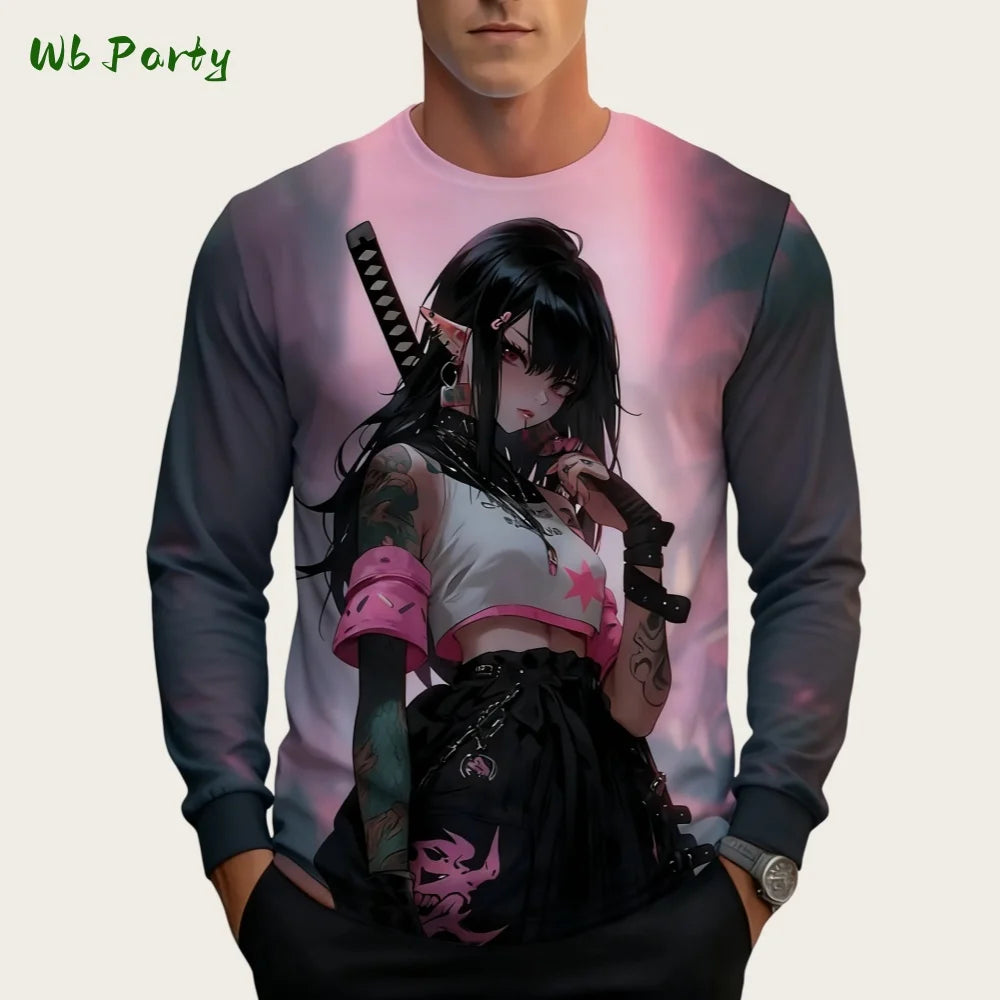 Japanese Long Sleeve Mens 3D Samurai Cartoon Pattern T-Shirt O-Neck Long Short Sleeve Breathable Style Streetwear Men's Clothing