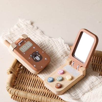 Baby Wooden Bear Phone Teether Toy Telephone Sleeping Pacifier Teething Flip Simulation Phone Toys Early Educational Toy Gifts