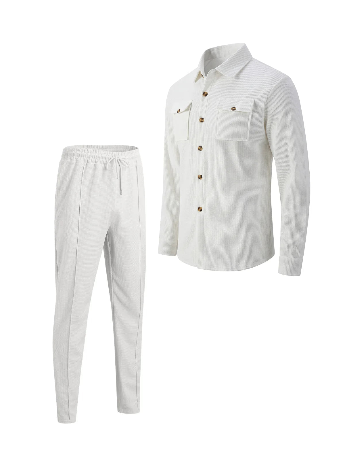 New Men's Four Seasons Outdoor Trendy Casual Waffle Solid Color workwear Button Pocket Coat Collar Top Pants Two Piece Set