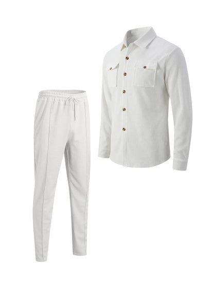 New Men's Four Seasons Outdoor Trendy Casual Waffle Solid Color workwear Button Pocket Coat Collar Top Pants Two Piece Set