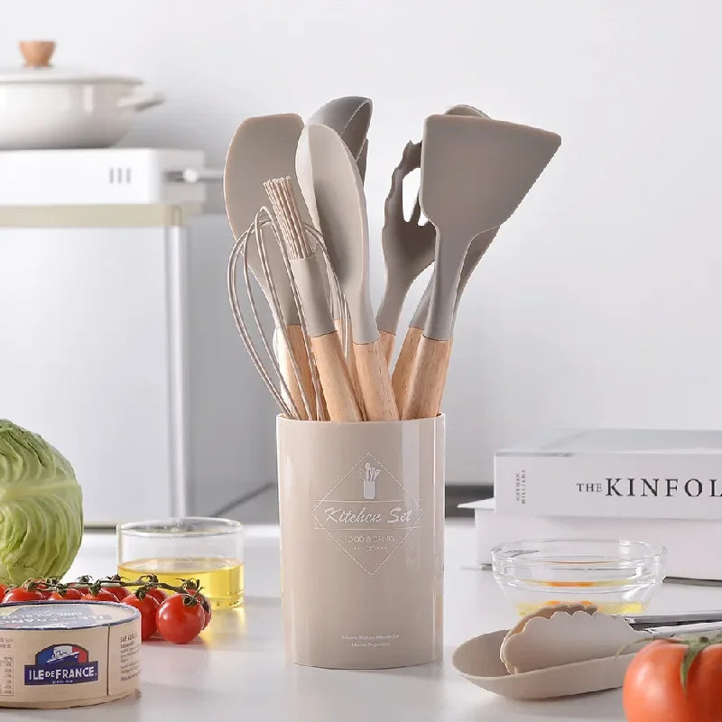 12Pcs Silicone Utensils Set Non-Stick Cookware Spatula Shovel Egg Beaters Wooden Handle Kitchenware Home Kitchen Cooking Tools