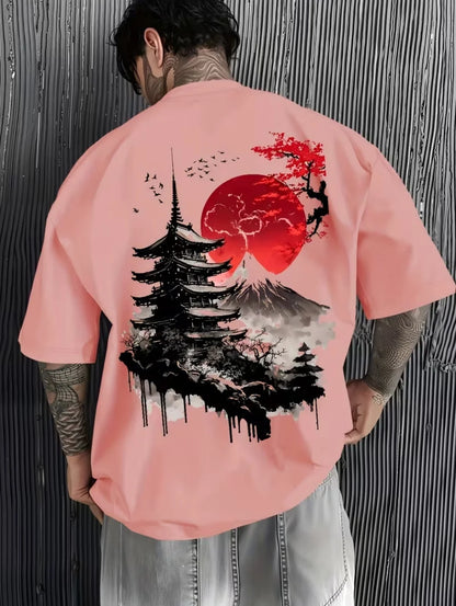 Men's T-Shirts Fuji Mountain Cherry Blossom Print Summer Autumn Harajuku Daily Sports Comfortable Casual Loose Short-Sleeve Top