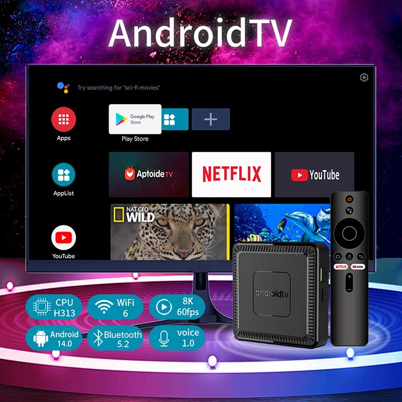 2025 New Q7 Smart TV Box Android14 Allwinner H313 8G+128GB ROM Dual-Band WiFi 6 Bluetooth 5.2 Google Voice Remote Media Player