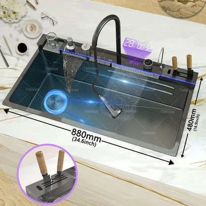Stainless Steel Kitchen Sink Multifunctional Digital Display Waterfall Large Single Slot With Rack For Knife Wash Dish Basin