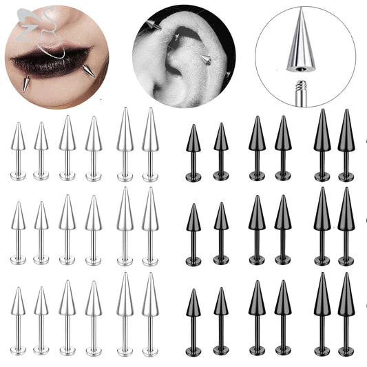 ZS 3pcs/lot 16g Cone Spike Labret Stud Surgical Steel Cartilage Earrings Black Color Barbell Piercing Tragus Helix Rook Jewerly