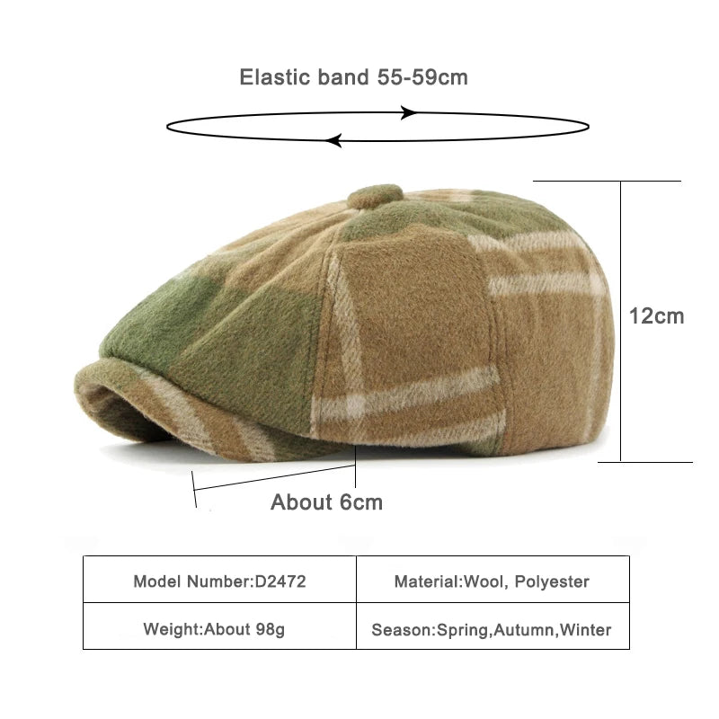 British Tweed Flat Cap for Men Retro Herringbone Newsboy Cap Octagonal Hat Women Autumn Winter Detective Cabbie Beret Hat Autumn