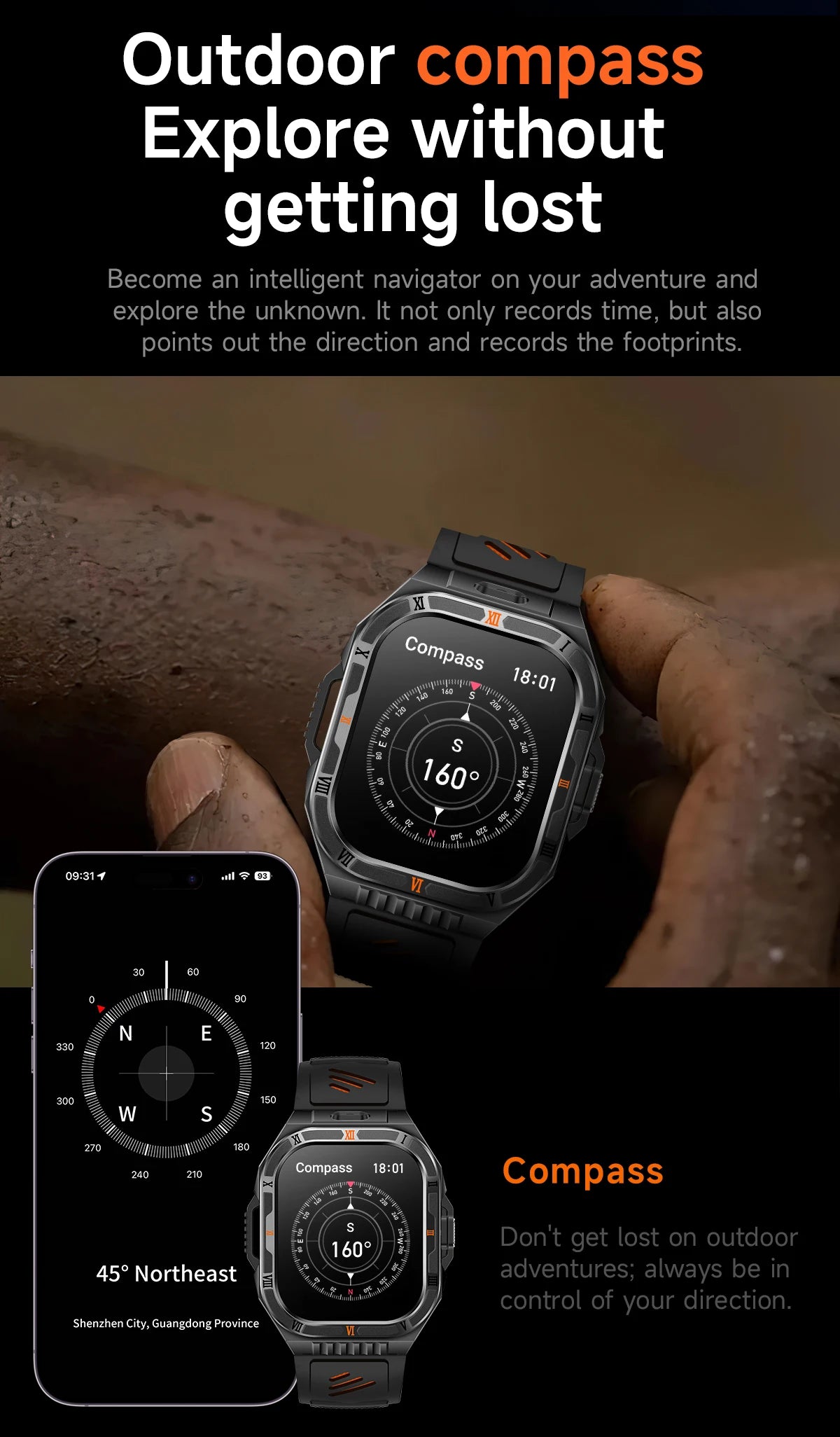 New Smart Watch Men 2.01"HD Screen 3ATM Waterproof Flashlight Health Monitor 1100mAh Battery Sport Bluetooth Call Smartwatch