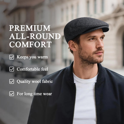 JANGOUL XL/XXL Wool Tweed Newsboy Flat Cap for Men Winter Fashion Ivy Cap Gatsby Golf Hat Satin Lined