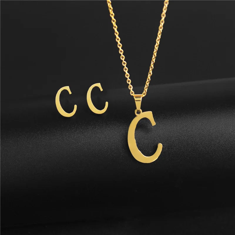 A-Z 26 Stainless Steel Initial Necklace and Earring Jewelry Set Letter Pendant Chain Alphabet Mom Christmas Gift