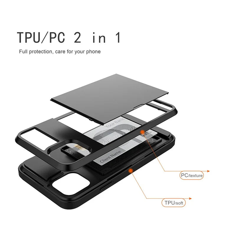 Slide Wallet Credit Card Slot PC Phone Case For iPhone 13 12 Mini 11 14 15 Pro Max XS XR 7 8 Plus SE TPU Armor Shockproof Cover