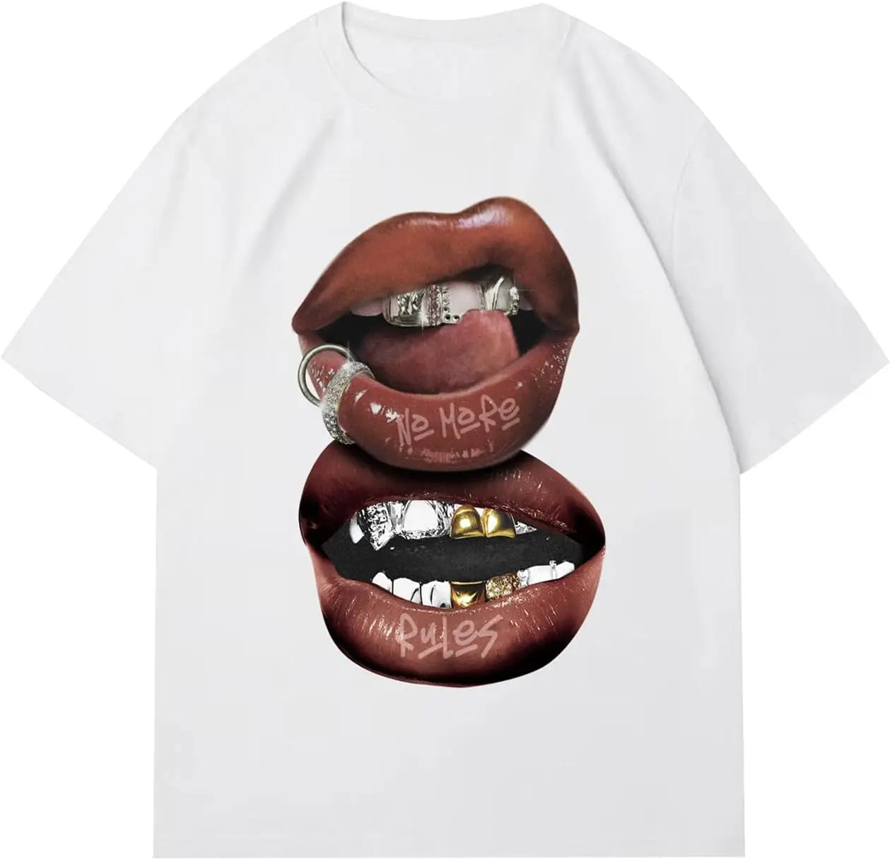 Chic Lips Golden Teeth Vintage T-shirt Rock Goth Casual Tee Clothing Men Oversized Cotton T Shirt Harajuku Y2k Tops Streetwear
