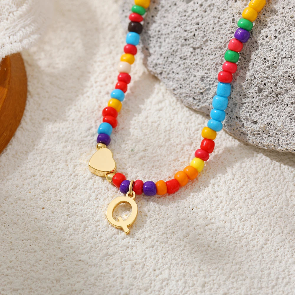 Colorful 26 Initial Letter Necklace Wedding for Women Adjustable Fashion Heart Beads Clavicle Chain Necklaces Christmas Jewelry