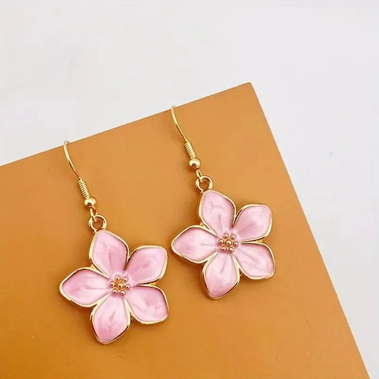 Exquisite Pink Flower Earrings Alloy Drip Oil Sweet Romantic Earrings Drop Dangle Earrings Summer Tropical Beach Jewelry