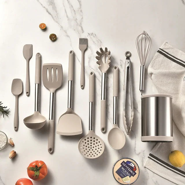 12Pcs Silicone Kitchenware Set Non Stick Stainless Steel Spatula Soup Spoon Kitchen Utensils Rotating Storage Bucket Eggbeater