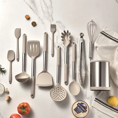 12Pcs Silicone Kitchenware Set Non Stick Stainless Steel Spatula Soup Spoon Kitchen Utensils Rotating Storage Bucket Eggbeater