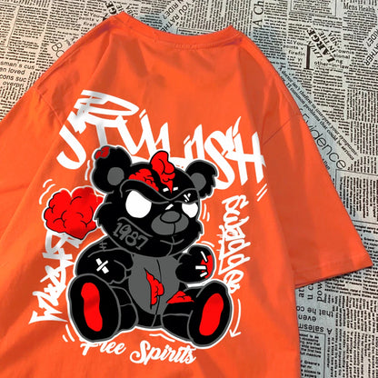 Exploding Black Puppet Bear Men Women T-Shirts High Quality Cotton Tops Summer Loose T Shirts Simplicity Breathable Streetwear
