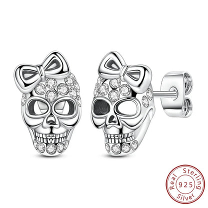 Halloween Earrings Ring Necklace 925 Sterling Silver Sparkling Skull Bow Stud Drop Earring For Women Men Halloween Party Jewelry
