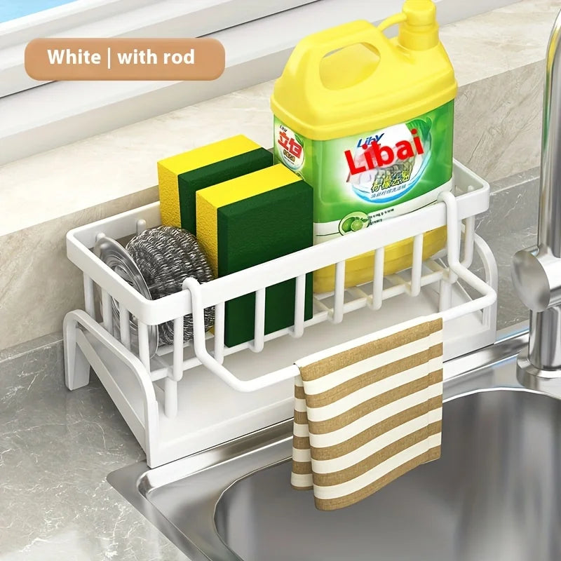 1 Set Durable Sponge Drain Rack Dish Box Kitchen Organizer with Brush Detergent Holder Sink Faucet Rack for Home Bathroom