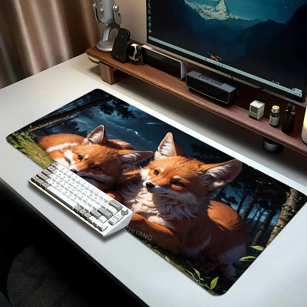 Cute Fox Theme Mouse Pad Large Computer Office Game Table Mat XXL Rubber Non-slip Stitched Edge Keyboard Mats Washable Desk Pads