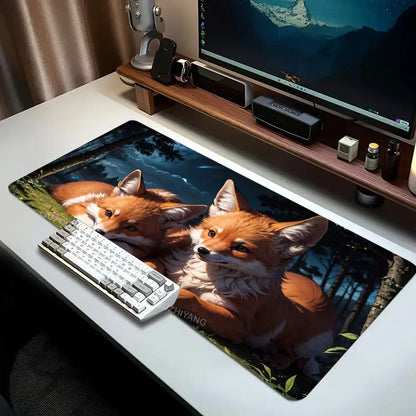 Cute Fox Theme Mouse Pad Large Computer Office Game Table Mat XXL Rubber Non-slip Stitched Edge Keyboard Mats Washable Desk Pads