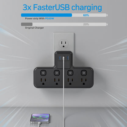 Independent switch socket extender with 3 USB ports and 20W PD fast charging, suitable for home, office, and school