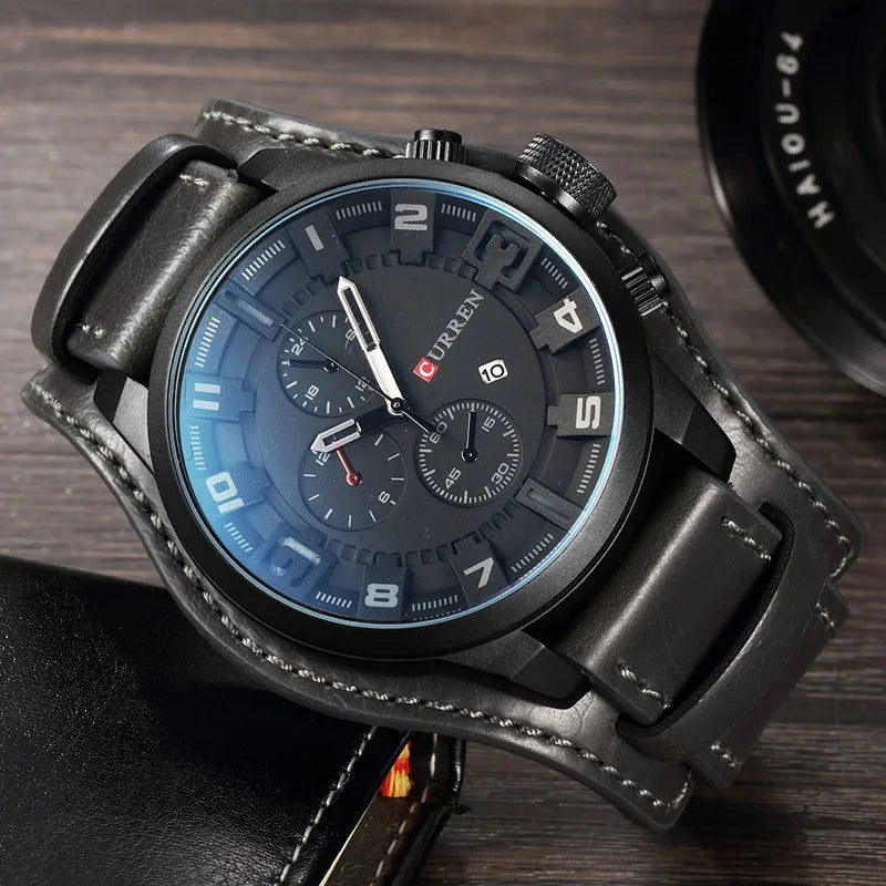CURREN 8225 Luxury Large Dial Calendar Watch, Water-Resistant Blue Light Dial Quartz Leather Watch