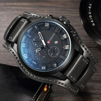 CURREN 8225 Luxury Large Dial Calendar Watch, Water-Resistant Blue Light Dial Quartz Leather Watch