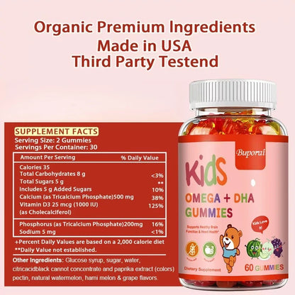 Kids Omega+DHA Gummies with Vitamin D3 -  High IQ Brain Enhancer, Improve Memory and Concentration