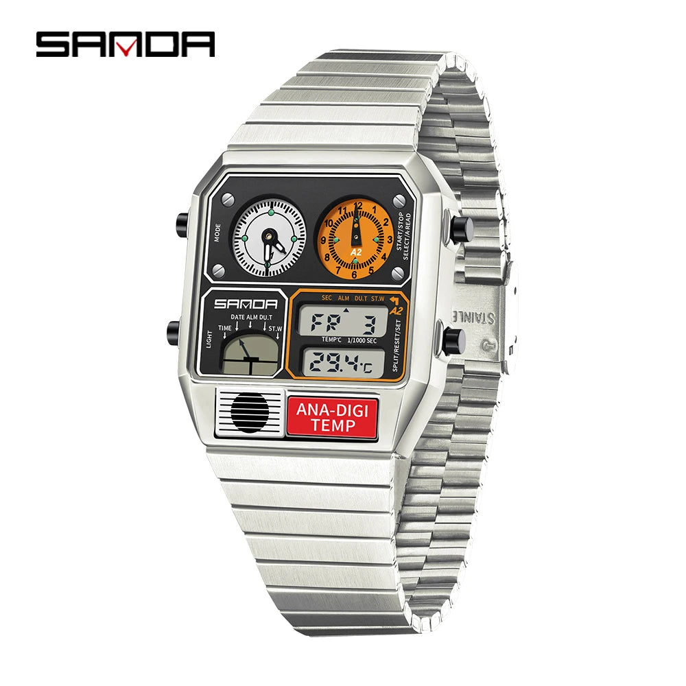SANDA New 3192 Men's Square Men's Electronic Watch Waterproof LED Thermometer Stopwatch For Men's Electronic Watch